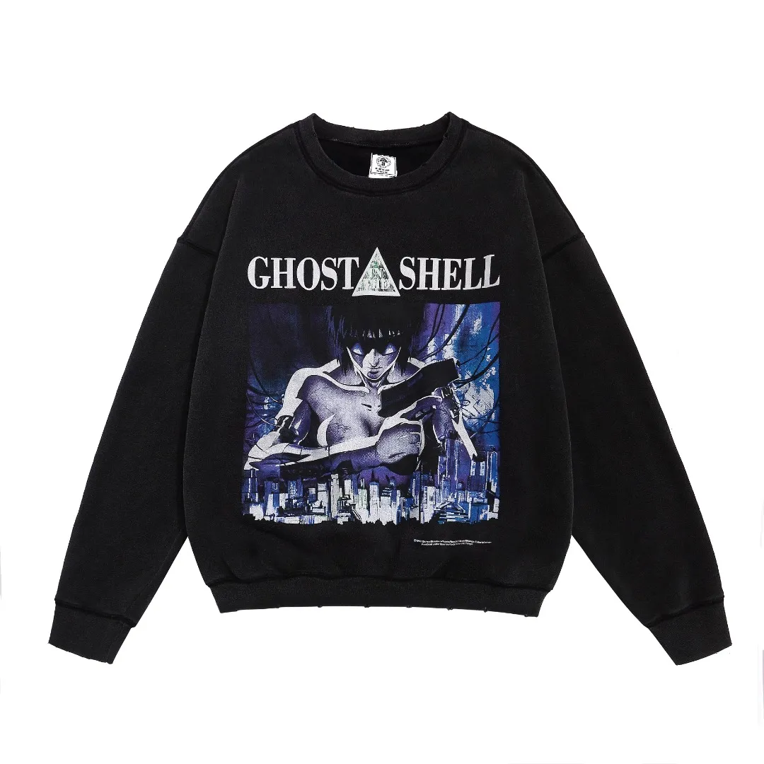 SAINT MICHAEL retro washed, distressed, heavyweight round neck plus velvet loose pullover sweatshirt long-sleeved shirt Fabric: 420g Style number: SM605 Size: S-M-L-XL Color: Black Price: P198